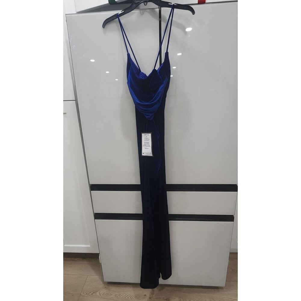 Blondie Nites Royal Blue Velvet Spaghetti Strap Gown Fitted Size 9 Draped Back D - Picture 4 of 6